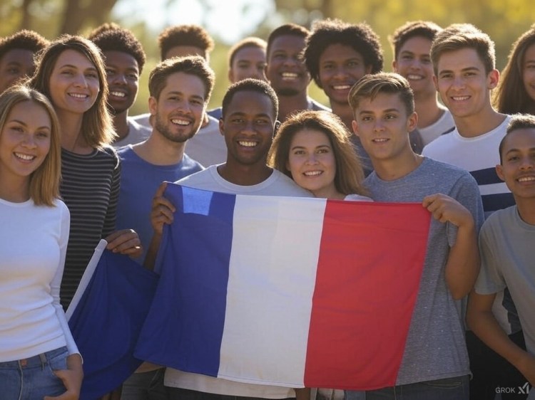 des jeunes noirs et blancs portant le drapeau de la france pleins de sourire, nous le peuple nous la france
